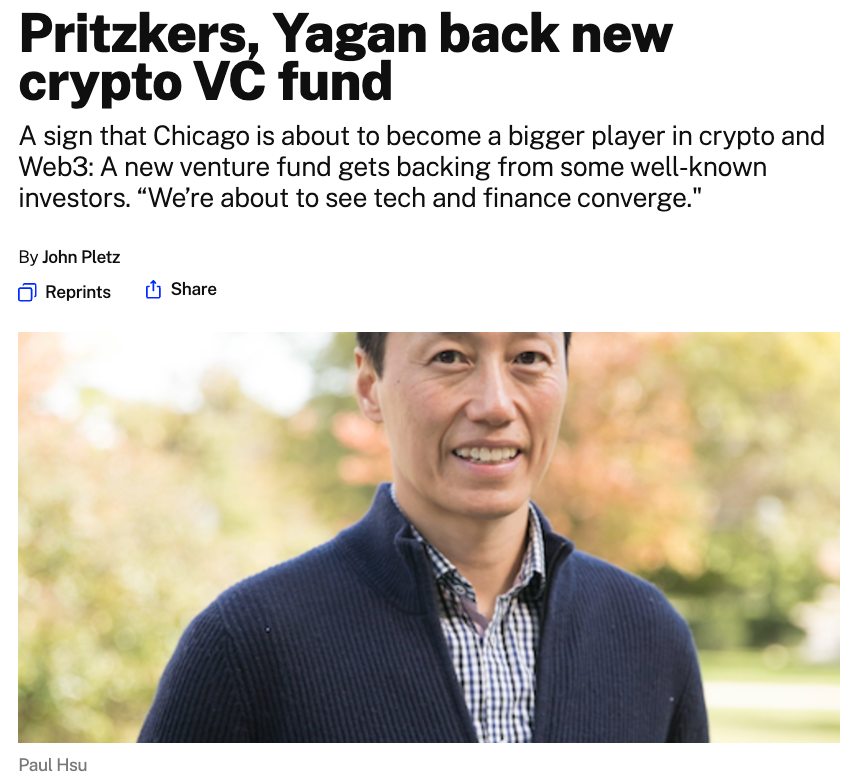 Crain's Chicago Business: Pritzkers, Yagan back new crypto VC fund