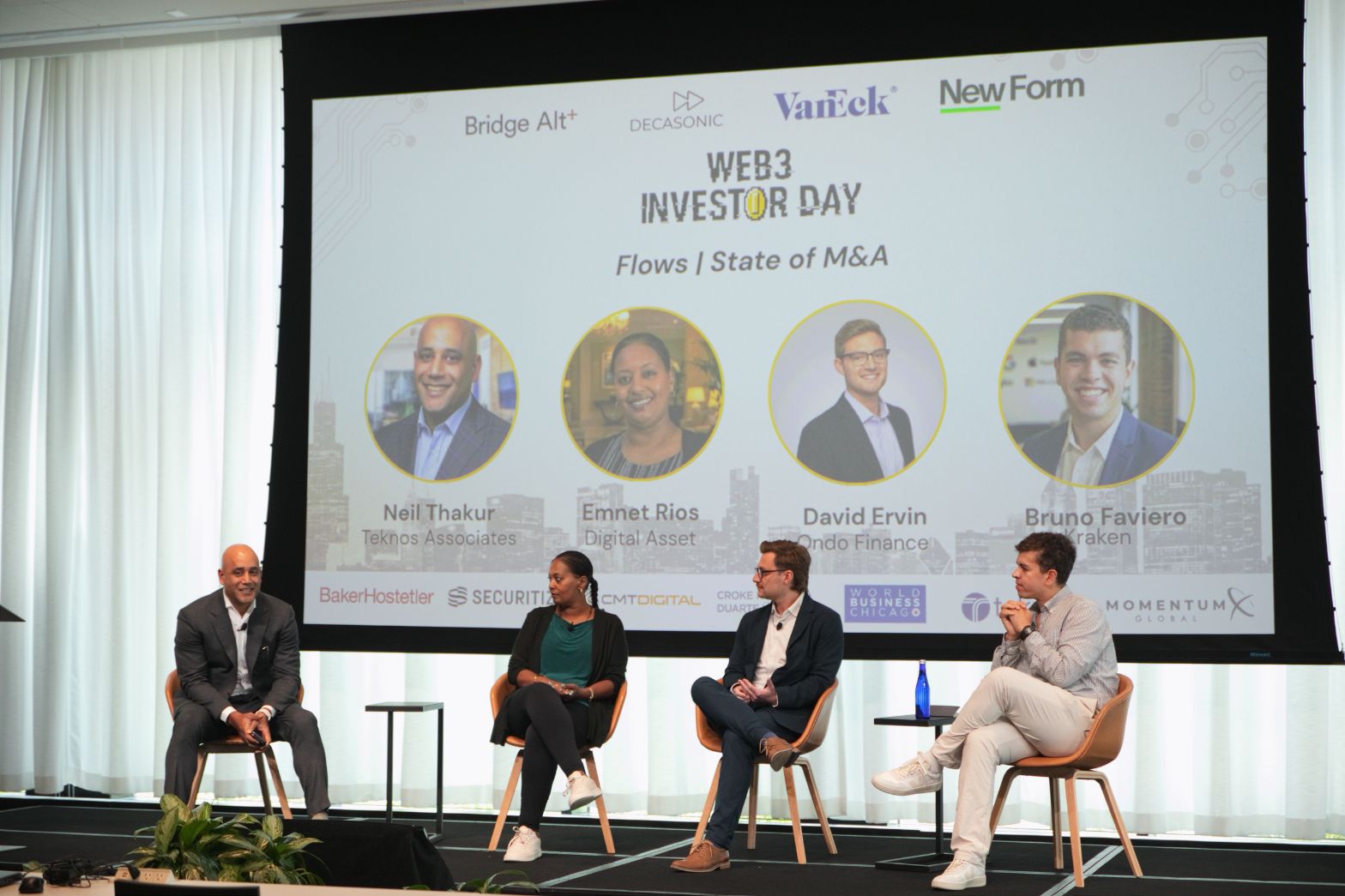 Four panelists seated beneath the State of M&A session screen at Web3 Investor Day 2026