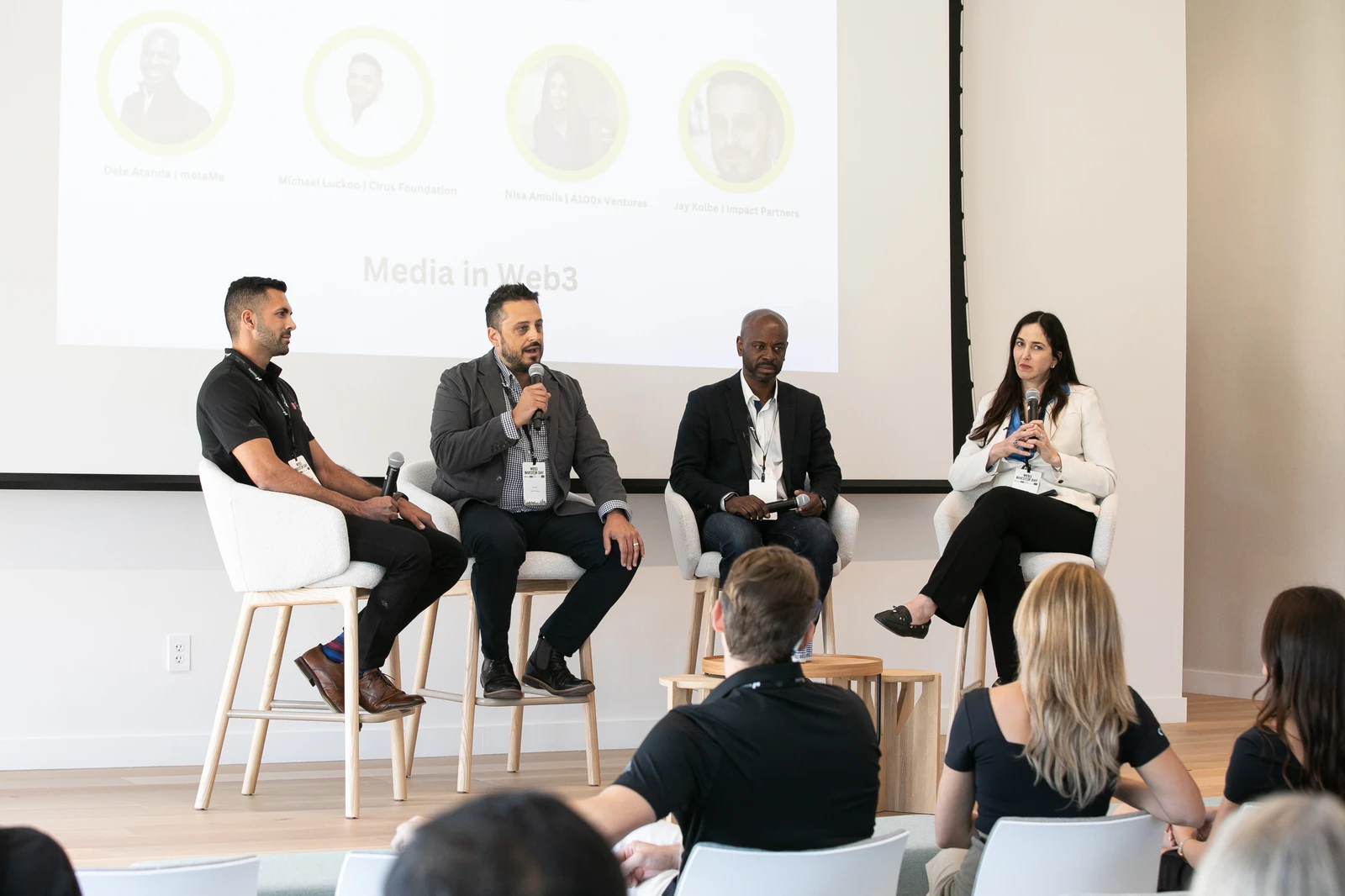 Speakers in conversation during the Media in Web3 panel in 2023.